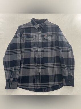 Orvis Fleece Shirt Jacket Shacket XL Black Gray Plaid Button Up Heavyweight